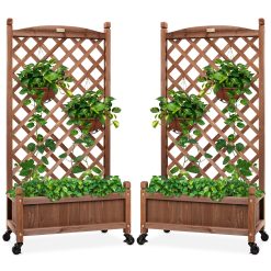 Best Choice Products Set of 2 48in Wood Planter Box & Diamond Lattice Trellis, w/ Drainage, Optional Wheels - Walnut