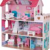 PIDOKO KIDS Wooden Dollhouse - Includes 12 Pcs Furniture Accessories - Wood Doll House for 3 4-5 Year Old Girls