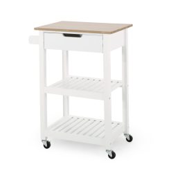 Noble House Treutlen Wood Kitchen Cart with Wheels, White and Natural