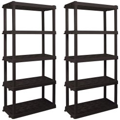 Hyper Tough 74" H x 18" D x 36" W 5 Shelf Plastic Garage Shelves, Pack of 2 Storage Shelving, Black 750 lbs Capacity