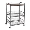 Honey Can Do 3-Tier Rolling Cart with Wood Shelf and Pull-Out Baskets, Black/Walnut