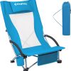 KingCamp Low Sling Beach Chairs,Folding High Mesh Reclining Back Chair for Adults with Headrest,Cup Holder,Carry Bag Padded Armrest for Sand Camping Lawn Concert Travel Festival